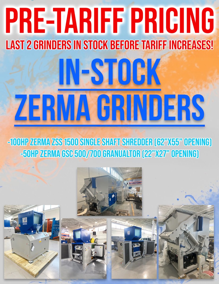 ‼️HURRY‼️Pre-Tariff Pricing is available for all in stock Zerma #grinders &amp; #Shredders available immediately from the PMG Showroom Floor! Give Mike Cultrona a call today at 440-498-4000 for more details!

#plastics #recycling #0leadtime