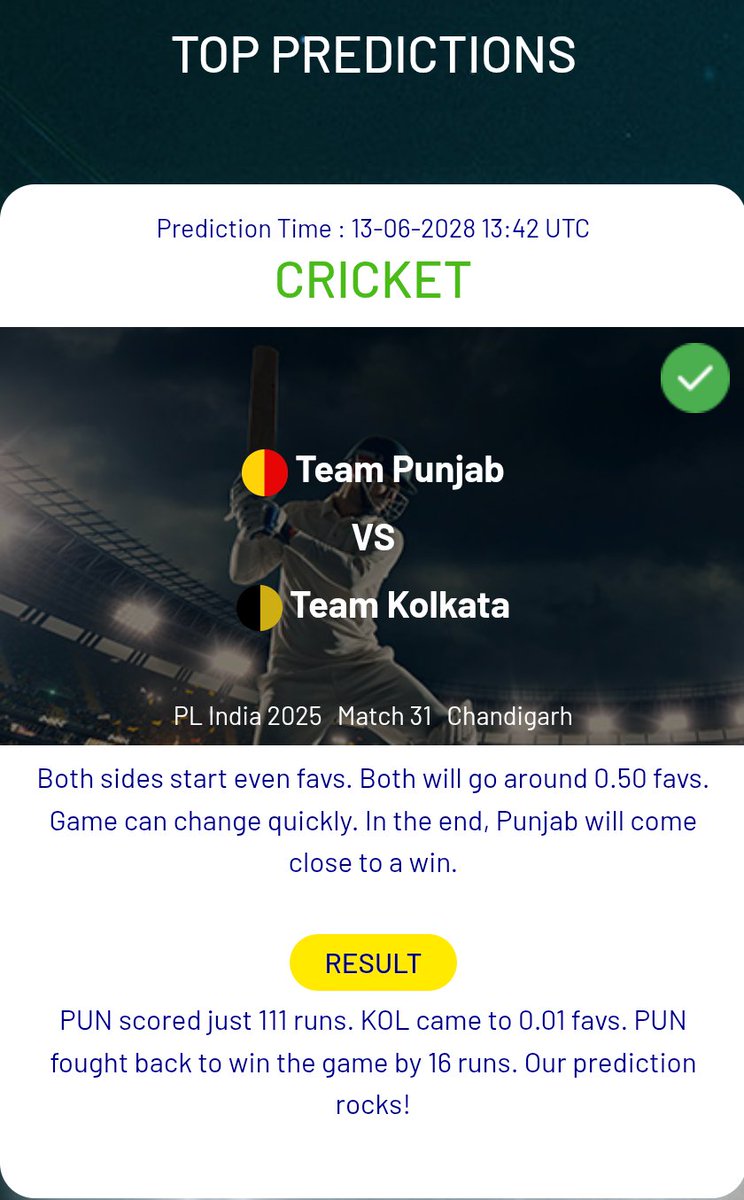 WSP_Cricket's tweet photo. Predictions which are wrong are marked as ❌  on the card. Those right are marked ✅.
We have had 5 wrongs &amp; 26 rights(correct) so far in the ongoing Premier T20 league of India, 2025.

Today, #DCvRR. Our initial study says, game will keep coming back to #DelhiCapitals.
#Cricket https://t.co/8g7UFsBrsb