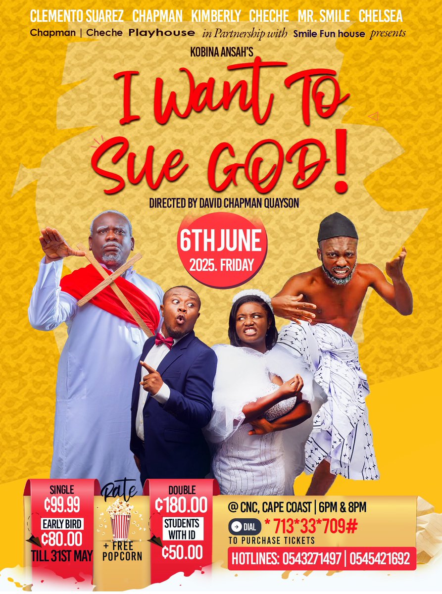 chapman_cheche's tweet photo. 🎭 *Brace Yourself, Cape Coast!*
God is getting sued—and you're summoned to witness the drama of the century! 😂🔥
🎟️ Justice will be served—with laughter! #IWTSG #ComedyInCourt #ChapmanChechePlayhouse #SmileFunhouse https://t.co/w7MnJBcuby