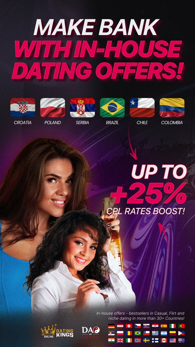 We're boosting our CPL payouts in six countries from our in-house offers portfolio!

Latin America:

Brazil +25%
Chile +20%
Colombia +15%

Europe:

HR +20%
PL +20%
RS +20%

If you want to make more with your dating traffic - contact your affiliate manager or sign up!
