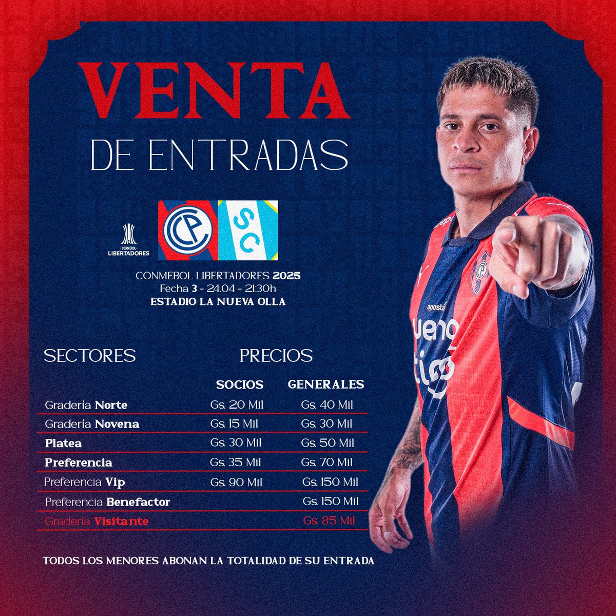Club Cerro Porteño (@ccp1912oficial) on Twitter photo ✅ 𝙋𝙪𝙚𝙗𝙡𝙤 𝘼𝙯𝙪𝙡𝙜𝙧𝙖𝙣𝙖, informamos que esta habilitada la venta de entradas para nuestro partido en la <a href="/Libertadores/">CONMEBOL Libertadores</a>.
⚽ Cerro Porteño 🆚 Sporting Cristal
📆 Jueves 24/04
🕒 21:30
🏟️ Estadio La Nueva Olla
📲 Adquirí tus entradas ingresando al link: ✅ 𝙋𝙪𝙚𝙗𝙡𝙤 𝘼𝙯𝙪𝙡𝙜𝙧𝙖𝙣𝙖, informamos que esta habilitada la venta de entradas para nuestro partido en la <a href="/Libertadores/">CONMEBOL Libertadores</a>.
⚽ Cerro Porteño 🆚 Sporting Cristal
📆 Jueves 24/04
🕒 21:30
🏟️ Estadio La Nueva Olla
📲 Adquirí tus entradas ingresando al link: