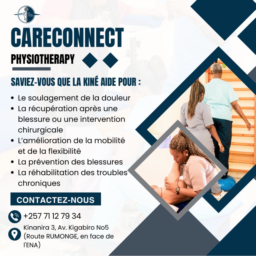 CareConnect_P's tweet photo. Et si la kinésithérapie était la clé de votre bien-être?🥳🥰

CareConnect est là pour vous aider !💪

📲 Contactez-nous au +257 71 12 79 34 pour plus de détails 

#CareConnectPhysiotherapy
#Kinésithérapie 
#Santé 
#BienÊtre
#Mobilité
#Prévention https://t.co/YtPJsCjFV4