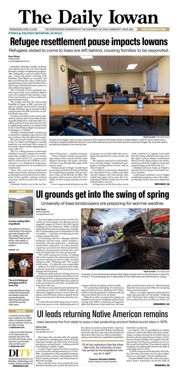 The Daily Iowan (@thedailyiowan) on Twitter photo Today’s News Front: April 16, 2024 📰
Check out this week’s news front by <a href="/roxyekberg/">Roxy Ekberg</a> on the future of refugees amid funding pauses on newsstands or online at dailyiowan.com now! Today’s News Front: April 16, 2024 📰
Check out this week’s news front by <a href="/roxyekberg/">Roxy Ekberg</a> on the future of refugees amid funding pauses on newsstands or online at dailyiowan.com now!