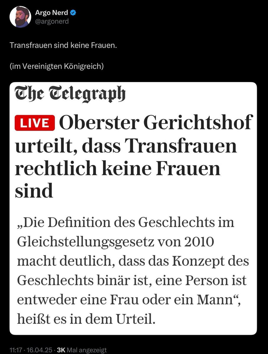 Das Geschlechter-Konzept ist ein binäres Konzept.
Zumindestens in Großbritannien.