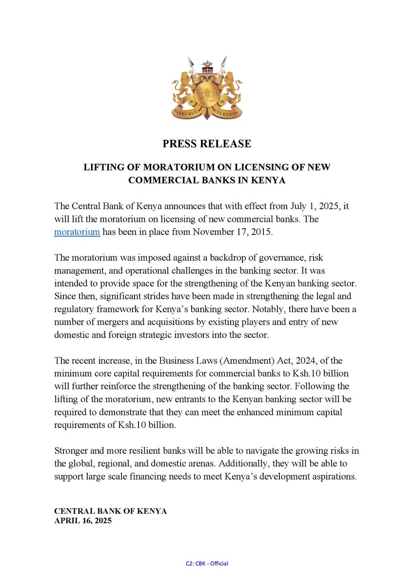 Press Release: Lifting of Moratorium on Licensing New Commercial Banks in Kenya centralbank.go.ke/uploads/press_…