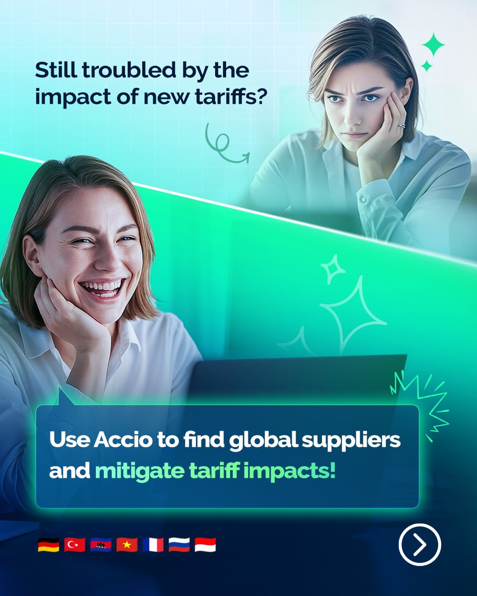 Accio_official's tweet photo. When it comes to tariffs, some are still complaining, while others have already started taking action! 🔥

You can use Accio to find global OEM factories with low tariffs to diversify your supply chain, time to adjust your strategy! 💪🏻💪🏻

#Accio #AccioTips #AISourcing https://t.co/qVlUoqt7WO
