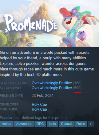 500 REVIEWS !! 🤩
We're currently "Overwhelmingly Positive" on Steam ! 
That's awesome ! 🥳Thank you everyone !