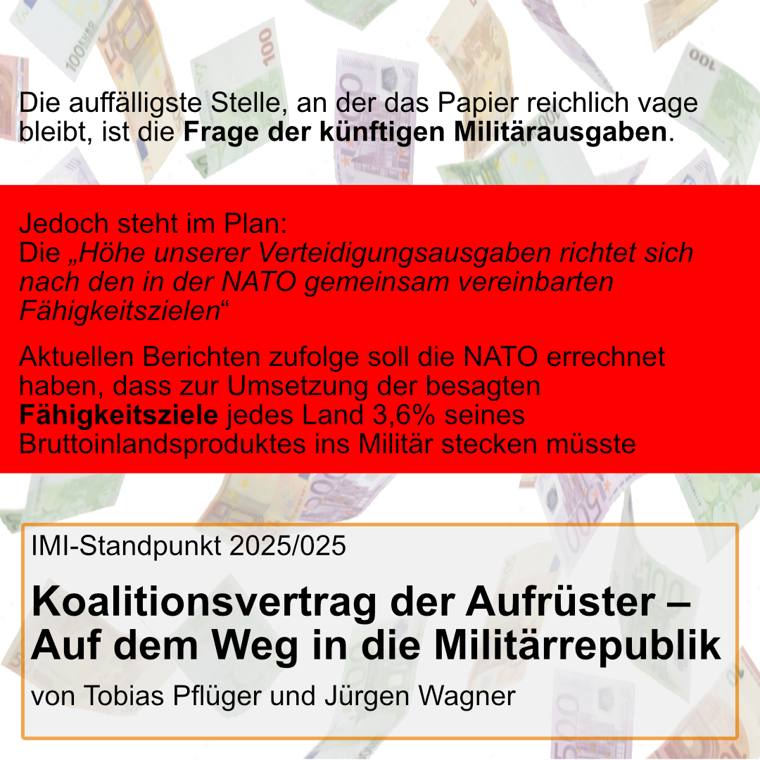 IMI-Standpunkt: Koalitionsvertrag der Aufrüster – Auf dem Weg in die Militärrepublik

Die Spitzen von Union und SPD stellten am 9. April ihren #Koalitionsvertrag vor ... die weitere Verschärfung der deutschen Aufrüstungspolitik ist darin klar ersichtlich. 
imi-online.de/2025/04/10/koa…