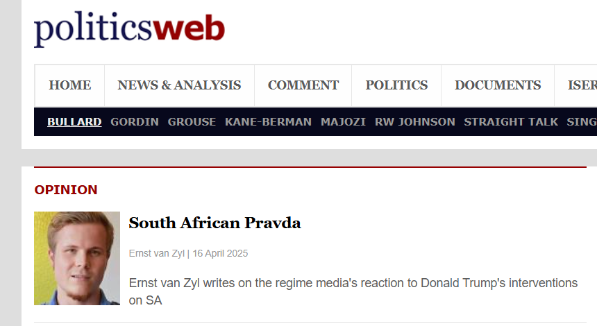 ConCaracal's tweet photo. South African Pravda

My latest piece for @PoliticsWeb delves into and documents all the underhanded tactics and shameless propaganda the South African government and their attack dogs in the media employed since President Donald Trump took aim at the race-mad regime.

LINK: https://t.co/UqCQQs8Y3j