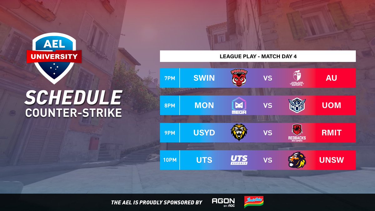 Australian Esports League (@auesportsleague) on Twitter photo Counter-Strike returns for Match Day 4 tonight in the AEL University Elite Series!
π΄ Live from 6:45PM AEST
πΊ twitch.tv/auesportsleague
ποΈ <a href="/Mattse123/">MattSe</a> & <a href="/Emperor_zK/">Emperor_zK</a>
πΉοΈ <a href="/TwoTapTony/">Tony</a>
π¬ <a href="/BkWhatOCE/">Bk</a>
Match Schedule
7PM <a href="/SwinEsports/">Swinburne Esports</a> vs <a href="/AUeSportsInc/">Adelaide University eSports</a>
8PM <a href="/MonashEGA/">MonashEGA</a> vs <a href="/MelbUniEsports/">Melbourne University Esports</a> Counter-Strike returns for Match Day 4 tonight in the AEL University Elite Series!
π΄ Live from 6:45PM AEST
πΊ twitch.tv/auesportsleague
ποΈ <a href="/Mattse123/">MattSe</a> & <a href="/Emperor_zK/">Emperor_zK</a>
πΉοΈ <a href="/TwoTapTony/">Tony</a>
π¬ <a href="/BkWhatOCE/">Bk</a>
Match Schedule
7PM <a href="/SwinEsports/">Swinburne Esports</a> vs <a href="/AUeSportsInc/">Adelaide University eSports</a>
8PM <a href="/MonashEGA/">MonashEGA</a> vs <a href="/MelbUniEsports/">Melbourne University Esports</a>