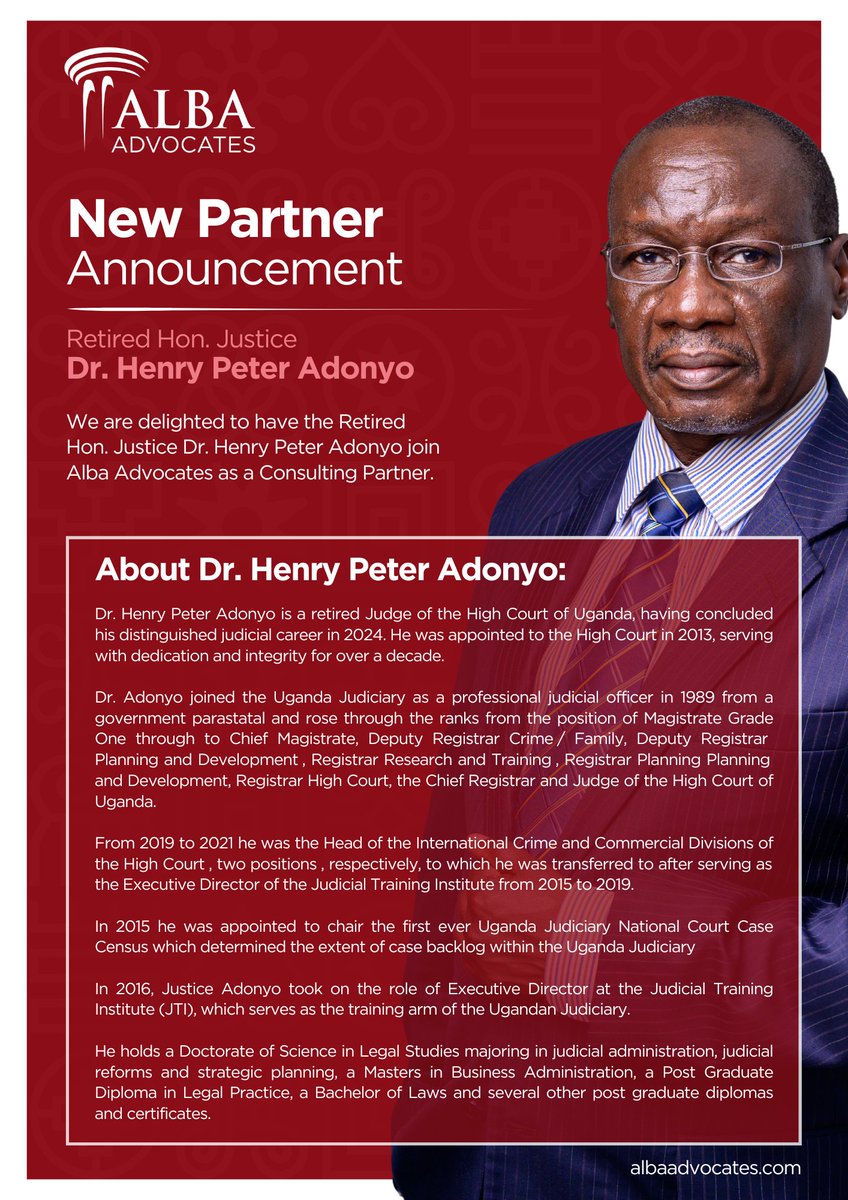albaadvocates's tweet photo. New Partner Announcement!

Welcoming Retired Hon. Justice Dr. Henry Peter Adonyo on our team as a Consulting Partner.

We are largely honored to have such a widely celebrated legal power horse guide the firm legal practice.

@ms_AK_esq https://t.co/r98b2NcfUG