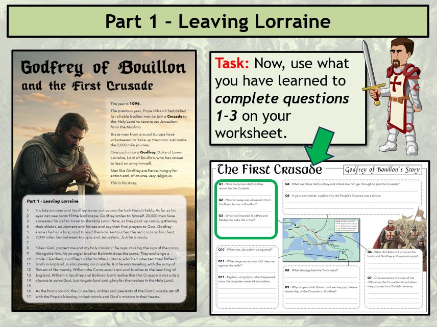 andyhassan1985's tweet photo. Teaching Crusades? I use storytelling to teach the events &amp; consequences of the First Crusade through Godfrey of Bouillon's eyes. Kids found this really interesting. Here's the PDF story: https://t.co/F9b6hvXVkq and the full lesson: https://t.co/ACJ12ehG9y #historyteacher https://t.co/k3NBm9GQsa