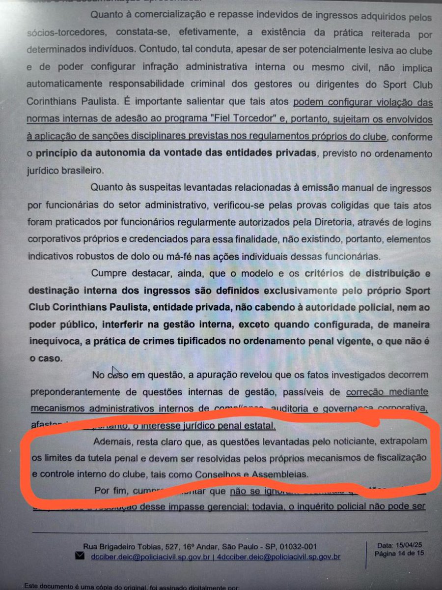 marcobellojr's tweet photo. Delegado Marcel Madruga, da Polícia Civil do Estado de São Paulo, sugeriu o arquivamento do inquérito sobre "cambismo interno" no Corinthians. Abaixo, um trecho do relatório final da investigação com a explicação do pedido de arquivamento (ao todo são 15 páginas de relatório): https://t.co/Pc8sMujIcE
