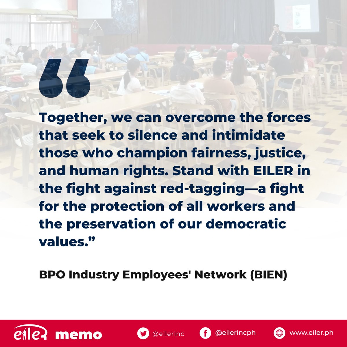 We extend our gratitude to @bienphilippines for expressing their solidarity with us.

Read their full statement on our Facebook page.

#StopRedTagging
#FightAgainstStateRepression
#DefendNGOs