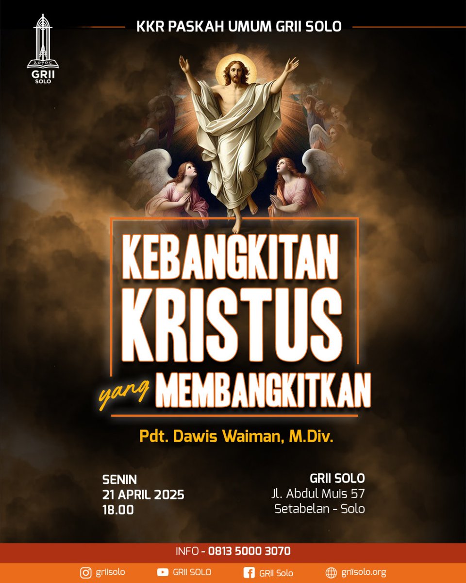 Malam..
Umat Kristiani di Solo yang ada family,saudara,teman dan kenalan saudara seiman.. 
Hadiri'lah acara KKR PASKAH 2025 di GRII Solo..
Ditunggu kehadiran sahabat² semua.. 
Terimakasih..
Salam..
Tuhan memberkat'i.. 🙏

Untuk detailnya, bisa dilihat foto flyer dibawah ya..