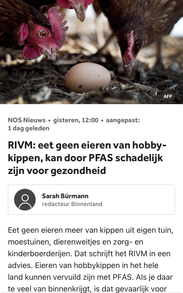 Kippen die buiten lopen kunnen PFAS van de grond oppikken. Hoe zit dat met de verplichte vrije uitloop kippen? Zijn daarvan de eieren ook vervuild? Heeft een scharrelvarken überhaupt ook PFAS in zijn karbonade zitten..🤷‍♂️