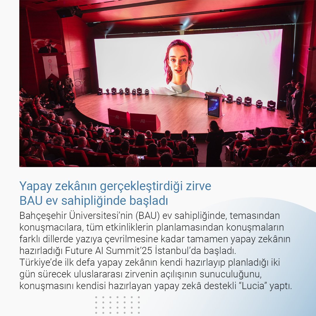 buek_mim's tweet photo. Türkiye’de ilk defa yapay zekânın kendi hazırlayıp planladığı iki gün sürecek Uluslararası Yapay Zekâ Zşrvesi, Bahçeşehir Üniversitesi Güney Kampüs’te başladı. 
Zirvenin açılış sunuculuğunu, konuşmasını kendisi hazırlayan yapay zekâ destekli “Lucia” yaptı.
https://t.co/6zTp0zHw82 https://t.co/xg2LNdQB1h