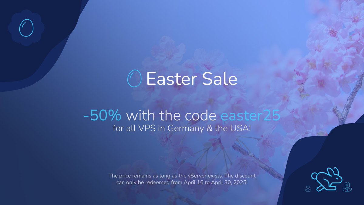 Just few days left - But we start now! 🐣

Our Easter Sale is out now with 50% discount for all VPS packages in Germany and in the USA with the code easter25! 🌸

The discount is permanent as long as you renew the server. So what are you waiting for? 🤔

Get your server today 👉