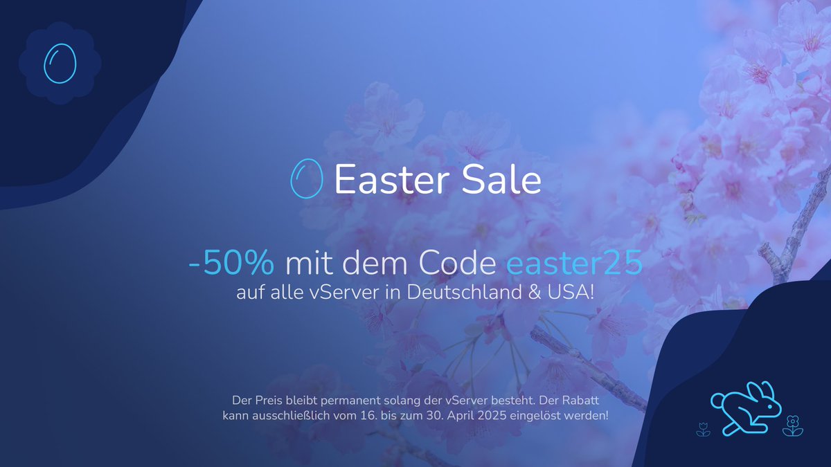 Nur noch wenige Tage - aber wir starten jetzt! 🐣

Unser Oster Sale mit 50% Rabatt auf alle vServer Pakete in Deutschland und in den USA mit dem Code easter25 ist jetzt verfügbar! 🌸

Der bleibt Rabatt dauerhaft, solang der Server verlängert wird. Worauf wartest du? 🤔

Hol dir