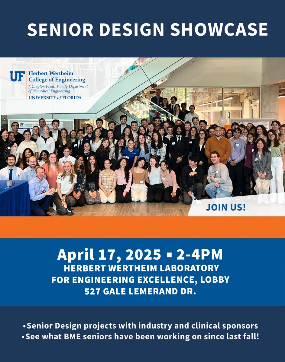 UFBME's tweet photo. Senior Design Showcase is tomorrow from 2–4 PM!
Come see the incredible projects our seniors have been building with industry + clinical sponsors since last fall. Innovation, impact, and engineering excellence—don’t miss it! https://t.co/57gJUFdFc9