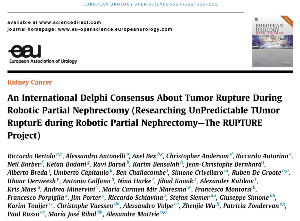 RicBertolo's tweet image. Out in @EurUrolOpen our global ๐ Delphi consensus about #tumor #rupture during #robotic #partialnephrectomy!
This consensus forms a basis for future #research on tumor rupture in #RAPN, emphasizing need for #standardized #definitions and uniform #management strategies.โฆ