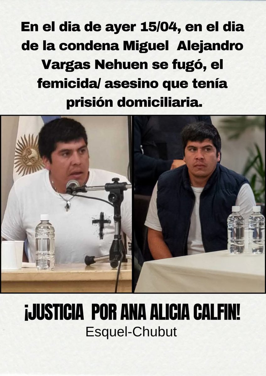 Esquel: se fugó un condenado por femicidio horas antes d conocerse la pena

Miguel Vargas Nehuen, declarado culpable por el femicidio d Ana Calfín, se fugó este martes antes de la audiencia clave en la q se esperaba q el Tribunal confirmara su condena a prisión perpetua #Chubut