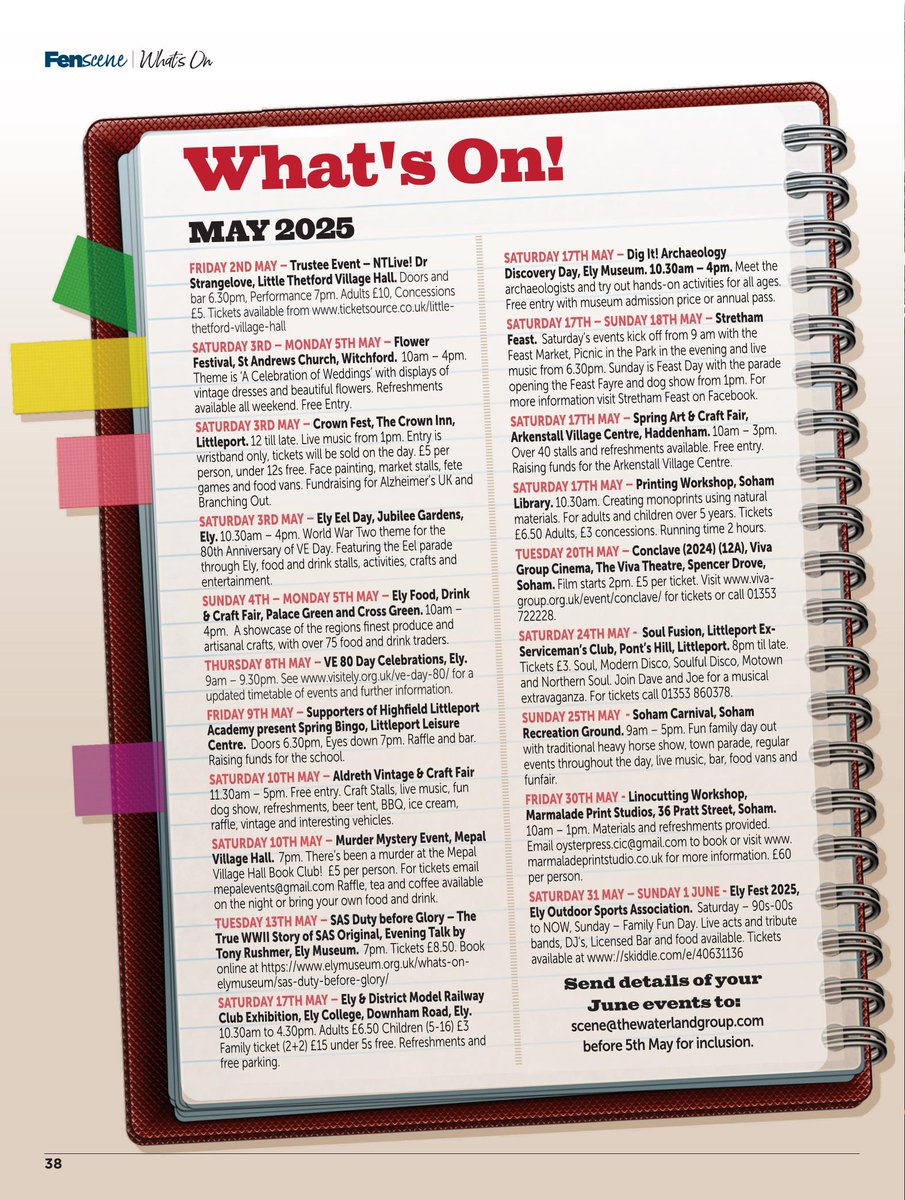 Take a look at what's happening in May! ☀🌹🎤🎭🎨🚂

If you have an event happening in June please do let us know so we can advertise it for you - free of charge! 🎉

Email scene@thewaterlandgroup.com before 5th May for inclusion

#fenscene #whatson #Ely #village #local