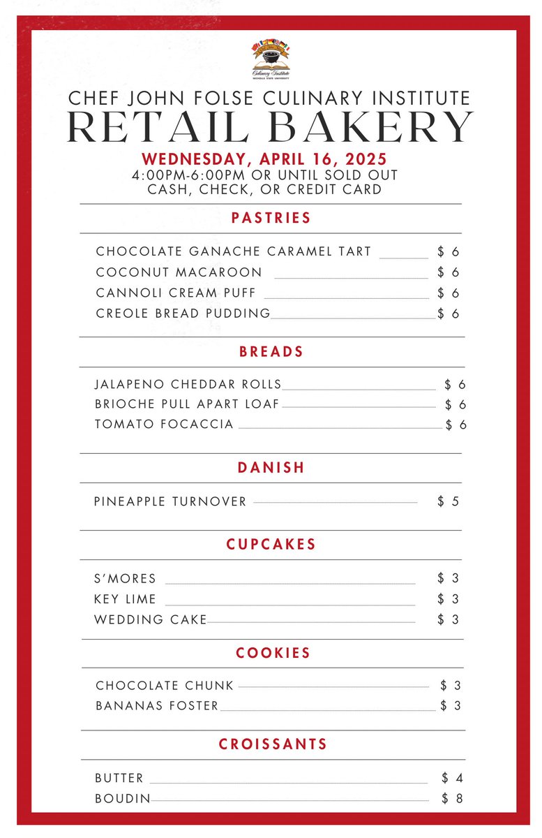 Join Chef Tammy Rink and her Retail Baking class at the CJFCI Bakery!

Wednesday, April 16, 2025
4:00 PM - 6:00 PM (or until sold out)
Ledet Culinary Building Bakery

914 E. First St.
Thibodaux, LA 70301
United States

We look forward to seeing you!