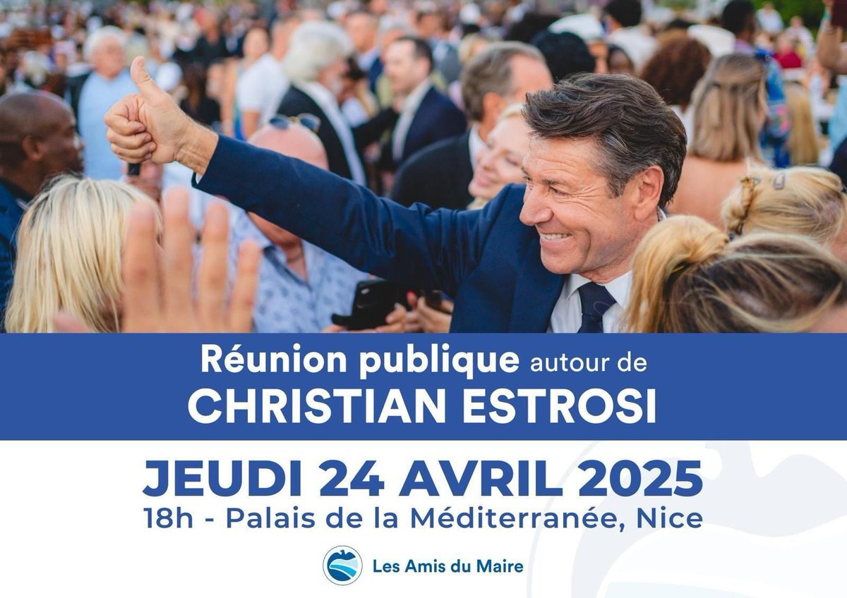 Jeunes avec Estrosi (@avec_estrosi) on Twitter photo Pour Nice, pour son futur et pour échanger ensemble, nous vous donnons rendez-vous, avec les Amis du Maire, jeudi prochain, le 24 avril, à 18h au Palais de la Méditerranée pour une réunion publique autour de <a href="/cestrosi/">Christian Estrosi</a> !
On vous attend nombreux 🚀 Pour Nice, pour son futur et pour échanger ensemble, nous vous donnons rendez-vous, avec les Amis du Maire, jeudi prochain, le 24 avril, à 18h au Palais de la Méditerranée pour une réunion publique autour de <a href="/cestrosi/">Christian Estrosi</a> !
On vous attend nombreux 🚀