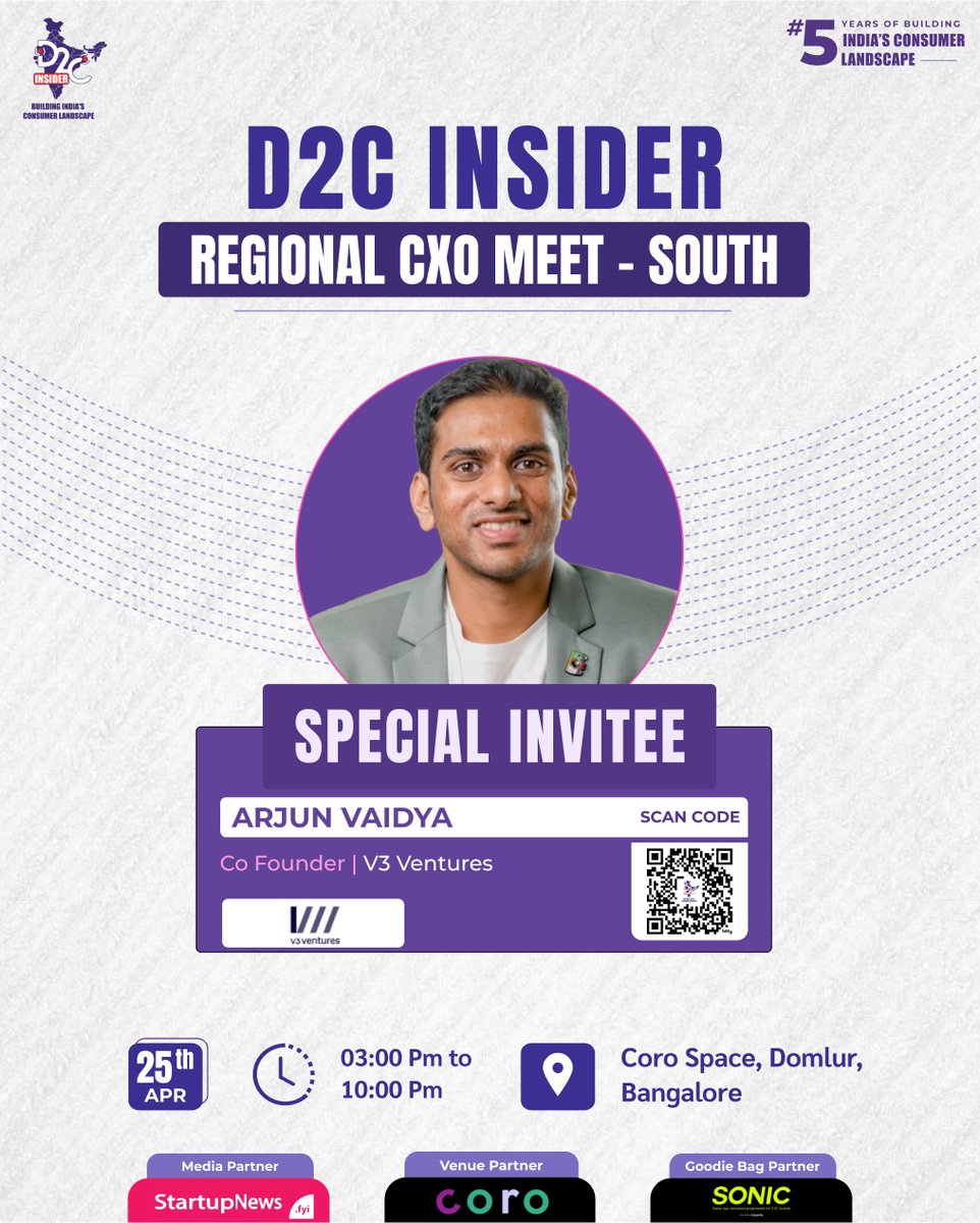 Arjun Vaidya, Co-Founder of V3 Ventures, is coming as a special invitee at our D2C Insider CXO Meet - South.

Come for insights. Stay for connections. Leave with strategies to win.

🔗Book now → d2ci.co/Regional-CXO-M…

📅25th April 
🕔3 PM-10 PM
📍Coro Space, Domlur, Bangalore