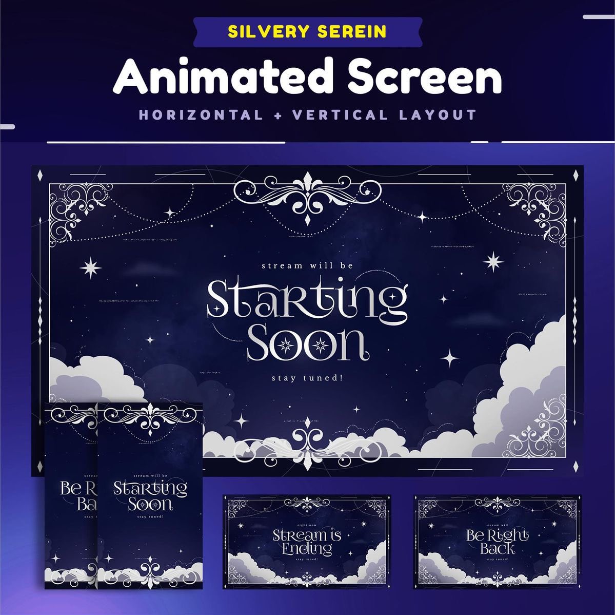 Silvery Serein Animated Screen Package💙🦋
Bring elegance and serenity to your stream with the Silvery Serein Animated Screen Package. Inspired by a dreamy night sky ⭐ 
#overlay #graphicdesigner