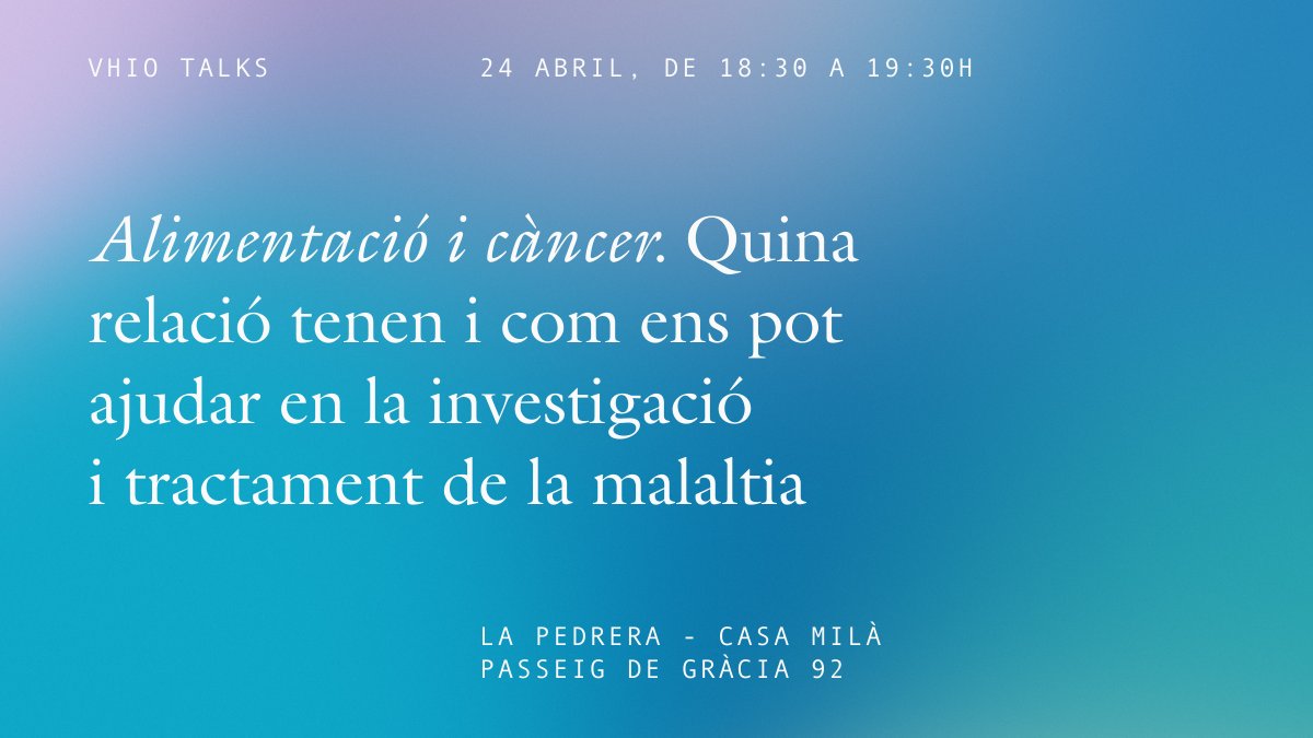 Vall d'Hebron (@vallhebron) on Twitter photo 💡 Alimentació i càncer. Quina relació tenen i com ens pot ajudar en la investigació i tractament de la malaltia. Nova <a href="/VHIO/">Vall d’Hebron Institute of Oncology (VHIO)</a> Talks!
🧠 Amb Marta Gómez, Iosune Baraibar, <a href="/alcarazadriana_/">Adriana Alcaraz Soler, MsC, RDN</a> i <a href="/PaoloNuciforo/">Paolo Nuciforo</a>
🎙️ Modera <a href="/luis_quevedo/">@luisquevedo.bsky.social</a>
📅 24 d’abril
🕡 A les 18:30 h
Inscriu-te 👉 💡 Alimentació i càncer. Quina relació tenen i com ens pot ajudar en la investigació i tractament de la malaltia. Nova <a href="/VHIO/">Vall d’Hebron Institute of Oncology (VHIO)</a> Talks!
🧠 Amb Marta Gómez, Iosune Baraibar, <a href="/alcarazadriana_/">Adriana Alcaraz Soler, MsC, RDN</a> i <a href="/PaoloNuciforo/">Paolo Nuciforo</a>
🎙️ Modera <a href="/luis_quevedo/">@luisquevedo.bsky.social</a>
📅 24 d’abril
🕡 A les 18:30 h
Inscriu-te 👉