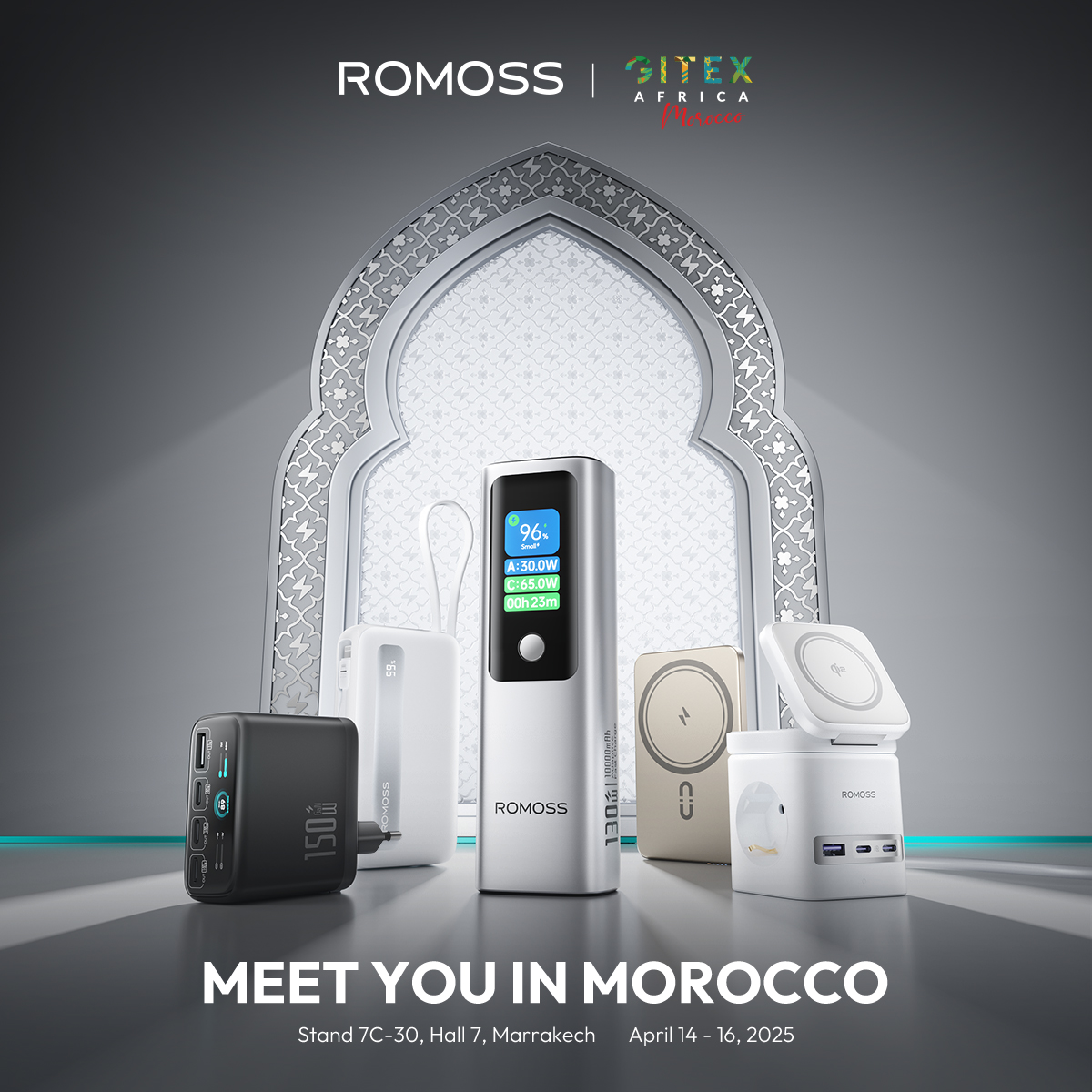 ROMOSSMEA's tweet photo. Inviting you to join us at GITEX AFRICA 2025 on April 14-16. ROMOSS showcases the latest products to redefine the charging. Come and join us! 
📍 Stand 7C-30, Hall 7, Marrakech, Morocco

#GITEX #GITEXAfrica #GITEXAfrica2025 #ROMOSS #Charging #PowerBank https://t.co/XOzlSg6xeX