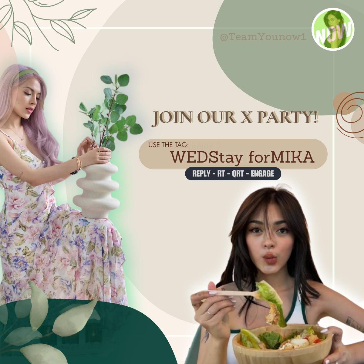 TeamYounow1's tweet photo. Help us with our TP for our Jowa!!!

Official tagline:
WEDStay forMIKA

Reminders: 
-NO NUMBERS
-NO EMOJIS 
-NO ALL CAPS 

Layout credits: @zoerennn

#MikaSalamancaOnPBB https://t.co/eeJZXTpzsy
