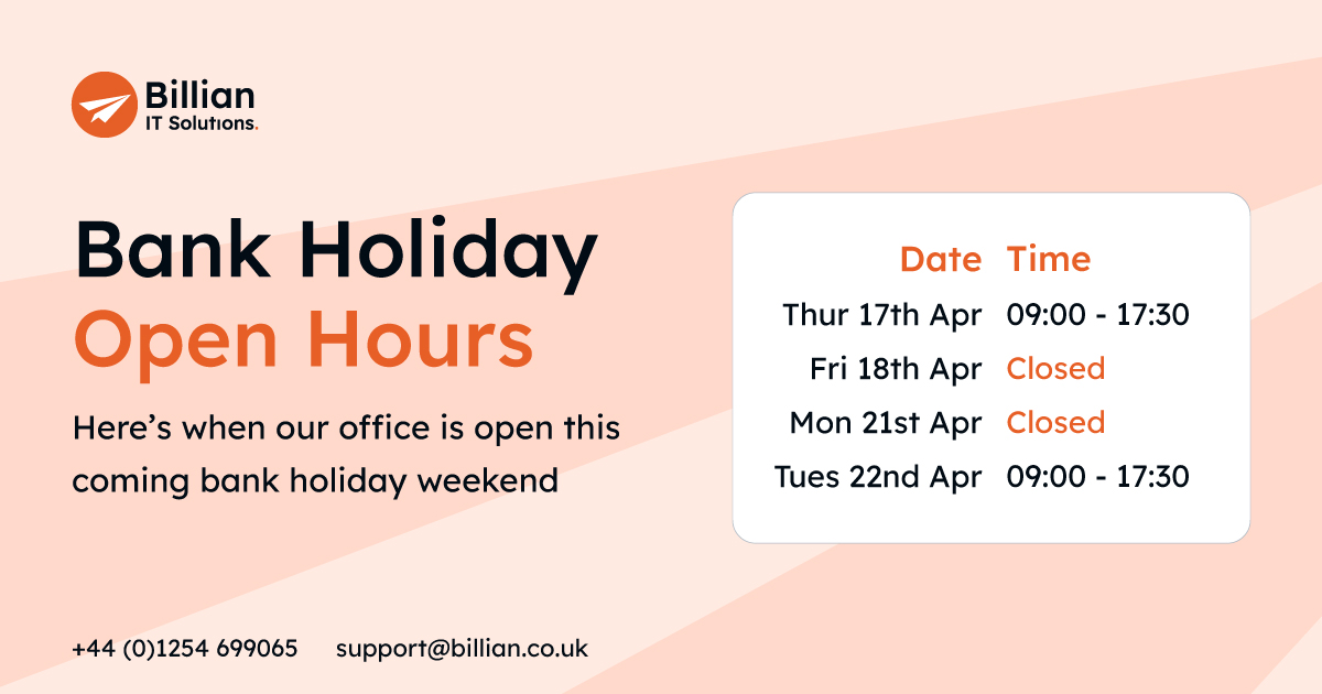 billianIT's tweet image. The first bank holiday weekend of the year is nearly here.

Here&apos;s when our offices will be open this weekend.

#bankholiday #opentimes #openhours