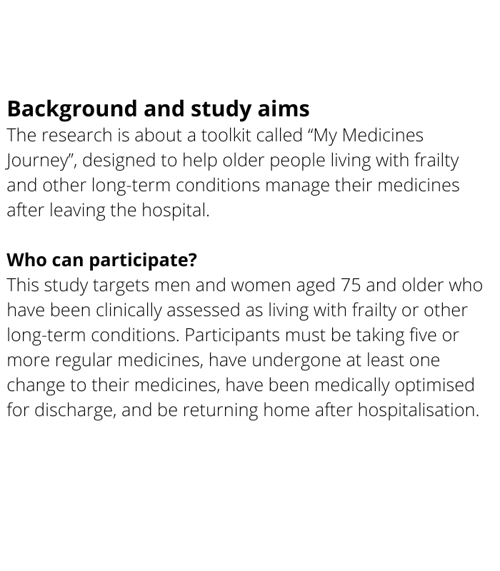 ISRCTN's tweet photo. Evaluating the practicality of the ‘My Medicines Journey’ intervention for older people living with frailty and other long-term conditions. Registered at #ISRCTN by @CityOfResearch @adamnyende

https://t.co/GKA6rpiHAb

#clinicaltrials https://t.co/1bCNebRKdo