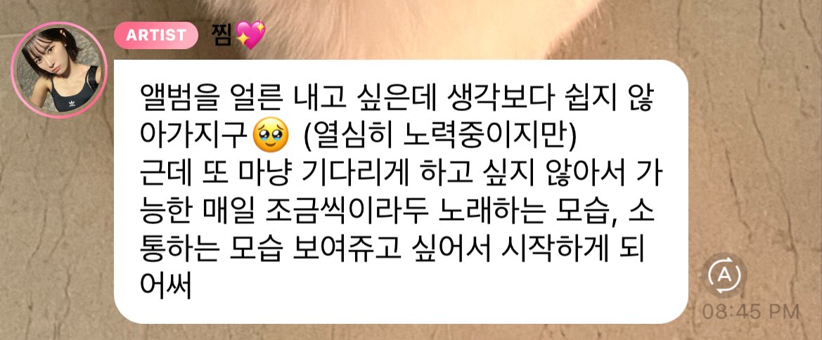 jimin said she wants to release an album too but its not as easy as she thought (she is trying hard for it) but at the same time she doesn't want to make us wait. in the meantime she wants to show us her singing &amp; wants to communicate with us so she started her tiktok!