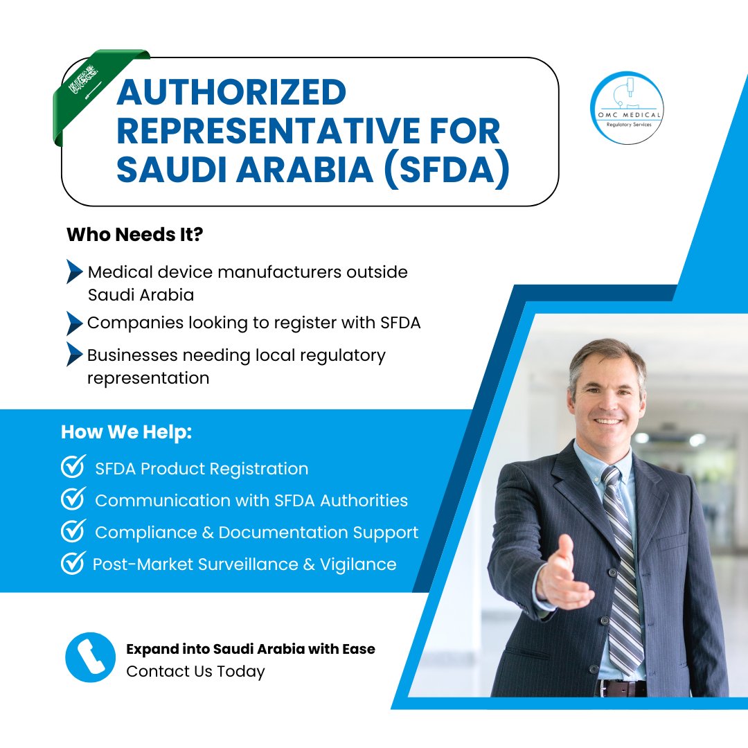 🚨 Expanding to Saudi Arabia? You’ll need a local 𝗔𝘂𝘁𝗵𝗼𝗿𝗶𝘇𝗲𝗱 𝗥𝗲𝗽𝗿𝗲𝘀𝗲𝗻𝘁𝗮𝘁𝗶𝘃𝗲 (𝗔𝗥) to comply with SFDA regulations! 🇸🇦

📈 Expand into Saudi Arabia smoothly and confidently.

📅 Book a Consultation: tinyurl.com/BookOMCMedical

#sfida #saudiarabia