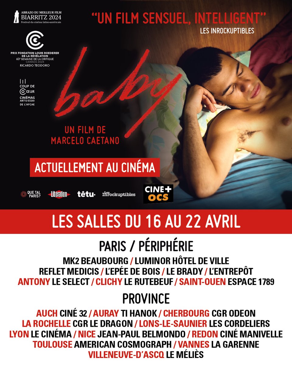 🎬 BABY de Marcelo Caetano
📅 Du 16 au 22 avril, disponible dans de nombreuses salles parisiennes et en province.
✨ Ne manquez pas ce film vibrant, sensuel et libre — une plongée intime dans l'été brésilien et les tourments du désir.