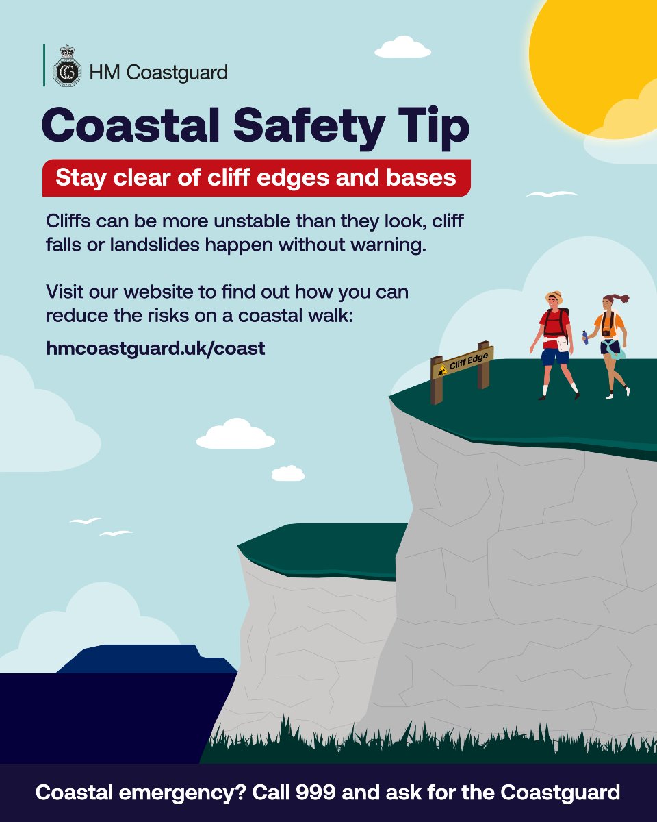Cliffs are unstable and rocks can fall at any time, making it extremely dangerous to stand near both cliff edges and bases.

Stick to the signposted coastal paths. Shortcuts and unmarked paths could lead to a fatal accident.

In an emergency, call 999 and ask for the Coastguard.