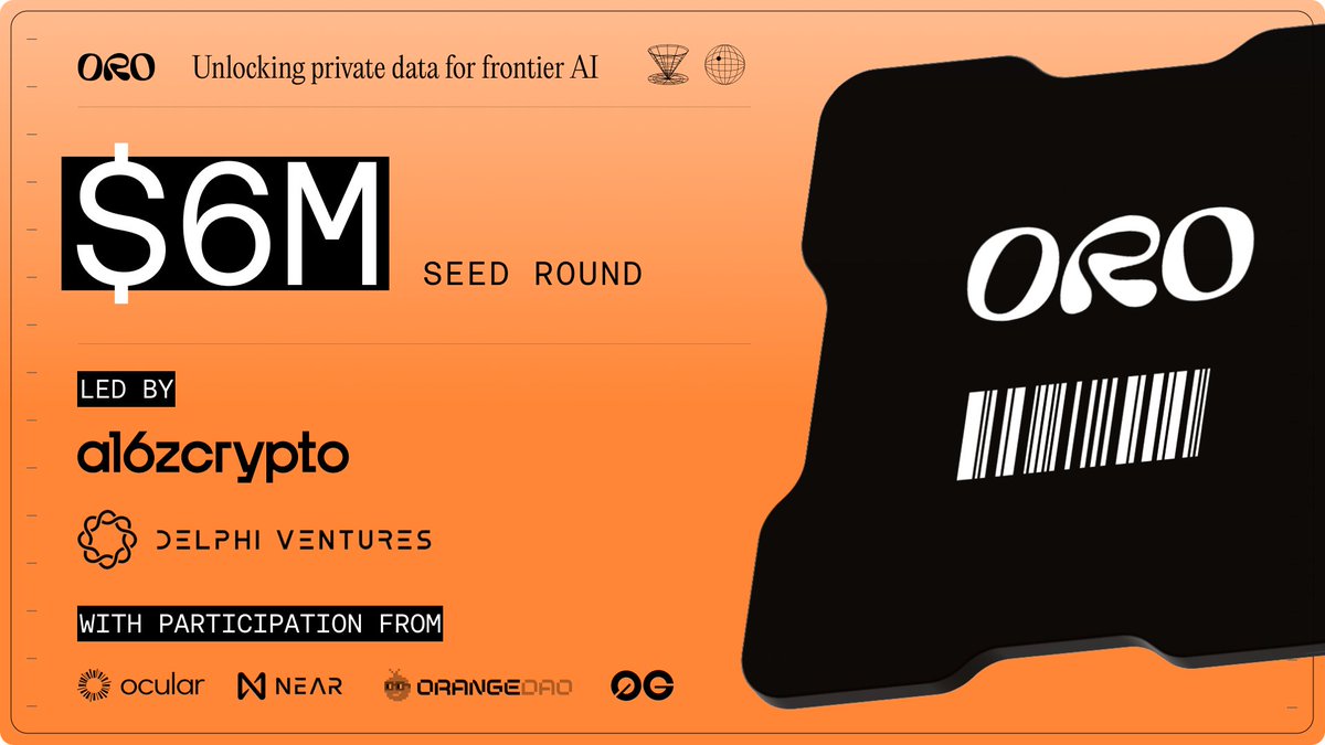 ORO AI (@getoro_xyz) on Twitter photo Excited to announce ORO’s $6M seed round led by <a href="/a16zcrypto/">a16z crypto</a> CSX and <a href="/Delphi_Ventures/">Delphi Ventures</a>, with support from <a href="/ocularvc/">Ocular VC</a>, <a href="/OrangeDAOxyz/">Orange DAO 🍊 | founders wanted</a>, <a href="/NEARProtocol/">NEAR Protocol</a>, and <a href="/0G_labs/">0G Labs (Ø,G) - AI L1</a>.
We’re building the decentralized intelligence platform to unlock AI’s most valuable missing resource: high-quality Excited to announce ORO’s $6M seed round led by <a href="/a16zcrypto/">a16z crypto</a> CSX and <a href="/Delphi_Ventures/">Delphi Ventures</a>, with support from <a href="/ocularvc/">Ocular VC</a>, <a href="/OrangeDAOxyz/">Orange DAO 🍊 | founders wanted</a>, <a href="/NEARProtocol/">NEAR Protocol</a>, and <a href="/0G_labs/">0G Labs (Ø,G) - AI L1</a>.
We’re building the decentralized intelligence platform to unlock AI’s most valuable missing resource: high-quality