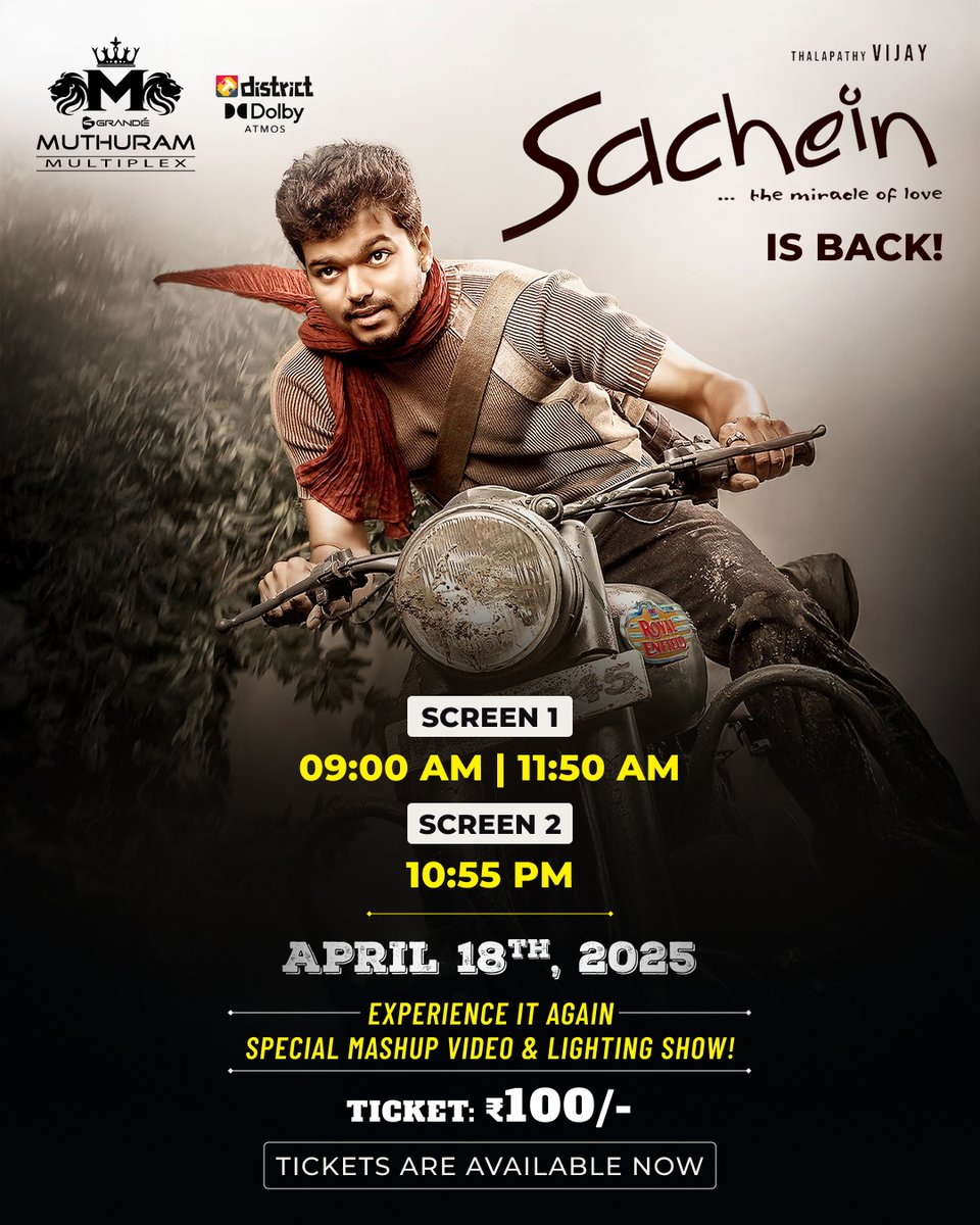 GrandeMultiplex's tweet photo. Book your tickets now for Sachein at Grande Muthuram Multiplex and relive the miracle -https://t.co/pmkPwhVTlD
#Sachein #ReRelease #Housefull #GrandeMuthuramMultiplex #Screen2 #ThalapathyVijay #ClassicMovie #MovieMagic https://t.co/dNcWxdM22s