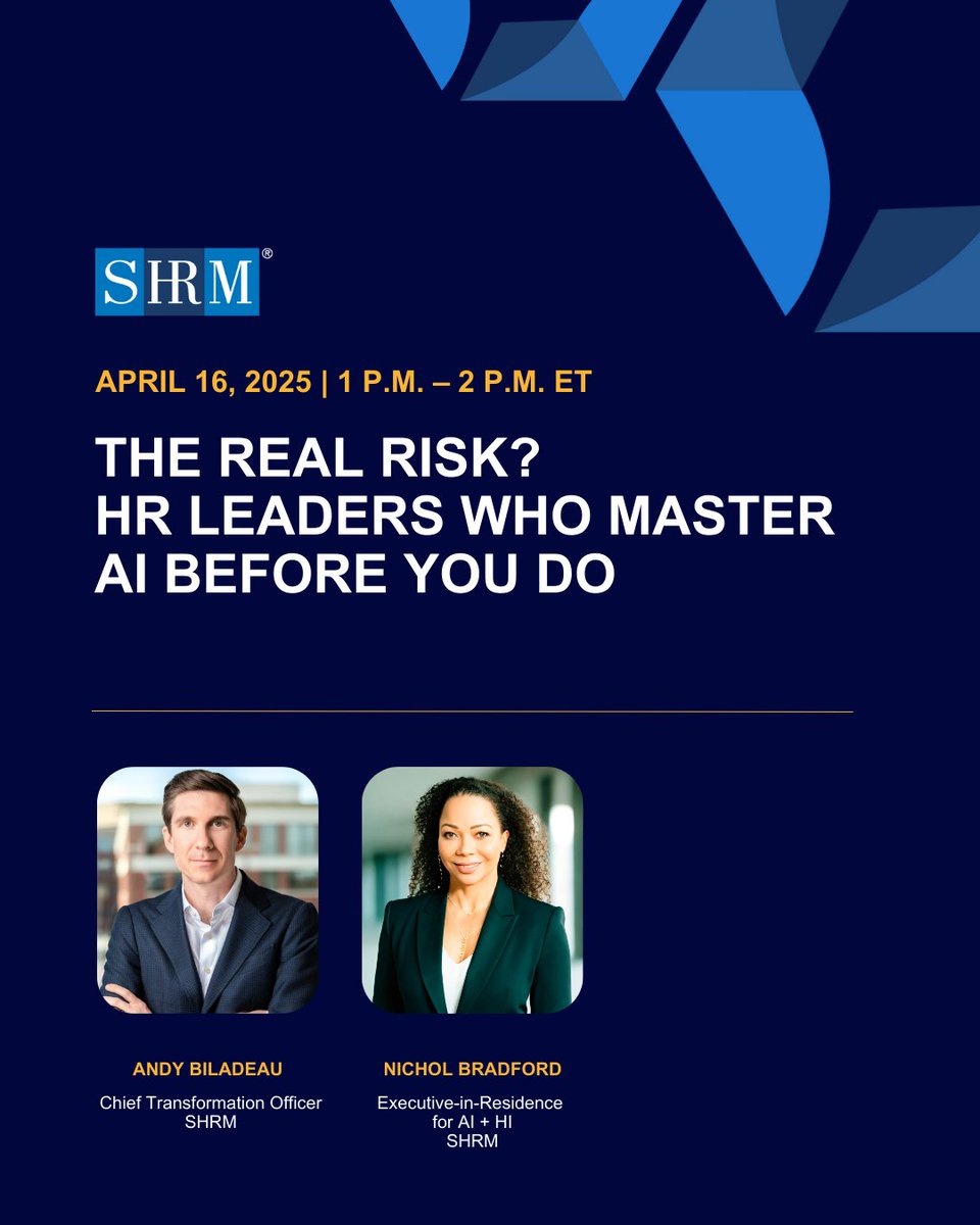 SHRM's tweet photo. TODAY at 1PM ET — Discover how AI is changing HR leadership.

SHRM's Nichol Bradford and Andy Biladeau go live to talk AI + HI, strategic HR, and what leaders need to know now.

Register before it starts: https://t.co/FLF7gHe6YK https://t.co/JddvHsn7Pi