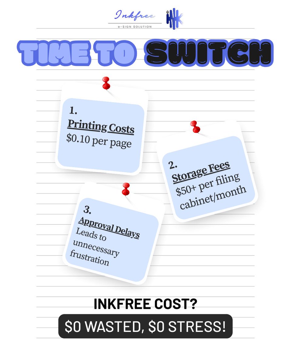 InkFreeEsign's tweet photo. Still caught in the paper trap? It's time to simplify your process. Digital signatures save you money, eliminate delays, and free up your time for what really matters. Make the move to a smarter way of signing today.

#digitalsignatures #gopaperless #worksmart #efficiency https://t.co/RkDaigmycb