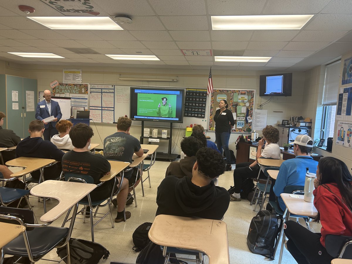 ParkwoodHSNC's tweet photo. 👩‍💼📚 PWHS Business students gained insights from pros at Fidelity! Joseph Small, CFP &amp; Kendra Gooden inspired future leaders on saving &amp; investing early. Big thanks for empowering our students! 🚀💰 #PWHS #FinancialLiteracy #InvestInYourFuture #SaveEarly @AGHoulihan @UCPSNC https://t.co/f8wJvnADBC