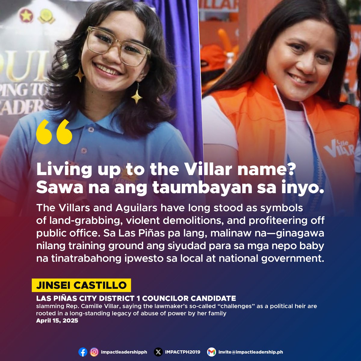YOUTH BET CASTILLO SLAMS VILLAR: "LAS PIÑAS IS NOT A TRAINING GROUND FOR NEPO BABIES"

Las Piñas City District 1 Councilor candidate Jinsei Castillo on Tuesday, April 15, slammed Rep. Camille Villar, saying the lawmaker's so-called "challenges" as a political heir are rooted in a