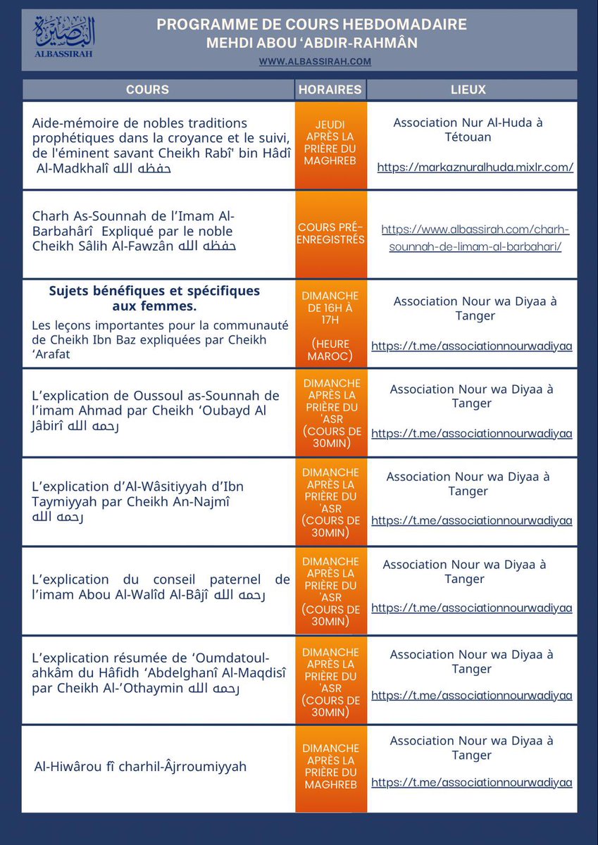 Assalamou ´alaykoum 
Programme hebdomadaire de oustâdh Mehdi Abou Abdirrahman <a href="/mehdimaghribi/">Mehdi Abou Abdir-Rahmân</a>