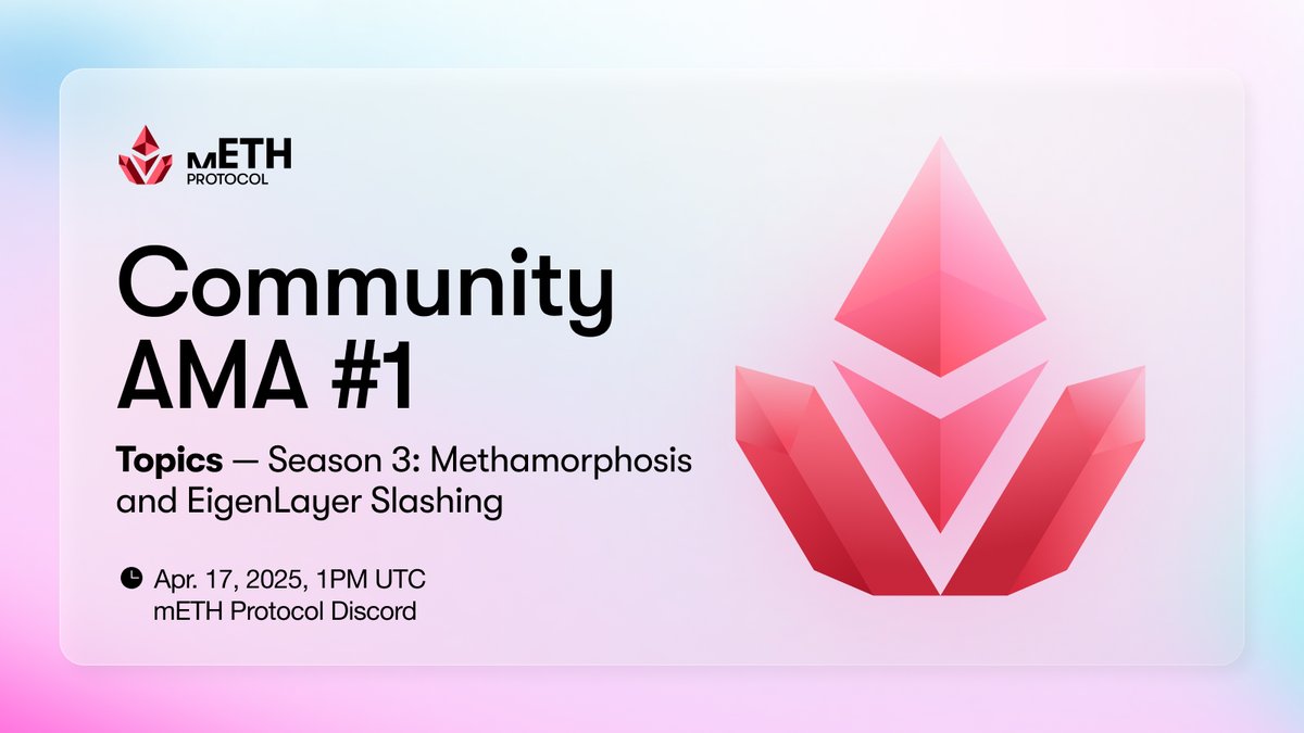mETHProtocol's tweet image. Community AMAs are here.

Join @javajrr and @dao_lbrian tomorrow, Apr. 17 at 1PM UTC on our official Discord for the first session — diving into Season 3: Methamorphosis and EigenLayer slashing.

We’re also rewarding participants.

Learn more below.