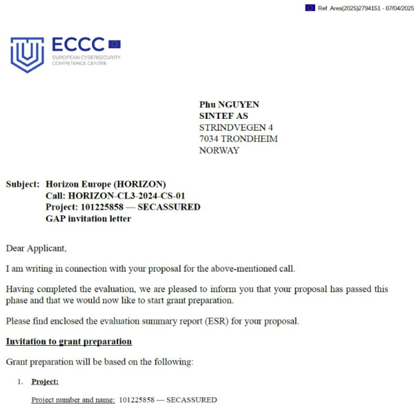 SECASSURED — a project proposal about building #AI-powered, assurance-driven #CyberSecurity  across #Europe has received a successful evaluation competing among 103 applications! This is the latest #project in our group with 19 partners from across Europe led by <a href="/phu_h_nguyen/">Phú H. Nguyễn, HB, DDx2, PhD, VPE, ALB, ACB, YNWA</a>.