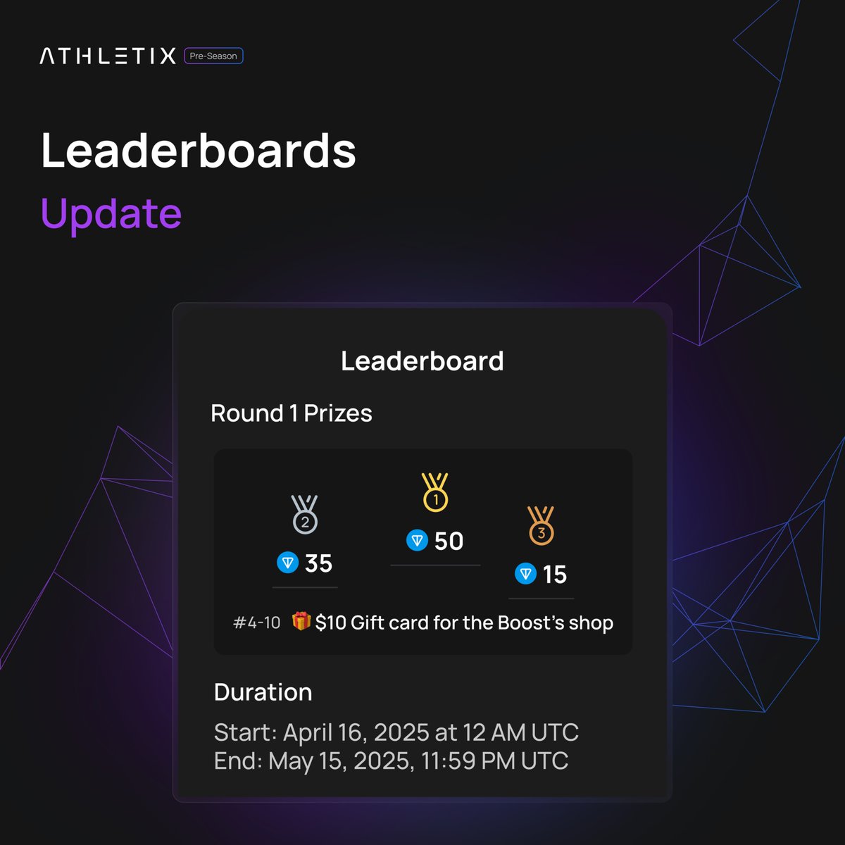 AthletixAi's tweet photo. The prizes are locked in 🔒

🥇 1st Place — 50 TON
🥈 2nd Place — 35 TON
🥉 3rd Place — 15 TON
🏅 4th to 10th — Exclusive promocodes for in-game boosts

Only the elite will collect. Play smart. Play bold.

🎮 Link in bio.